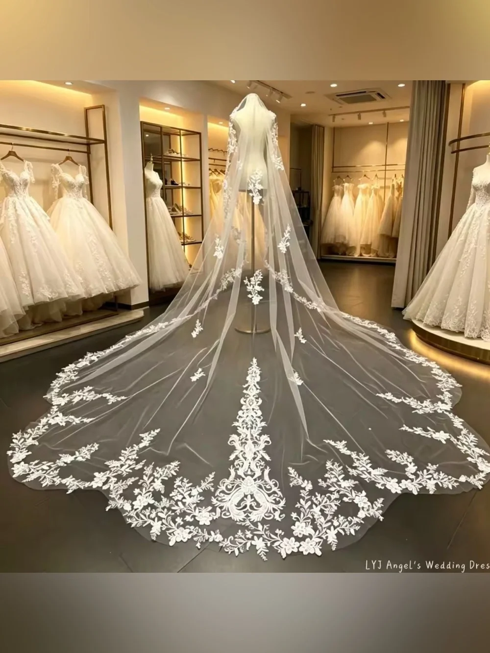 Cathedral Lace Appliqué Bridal Veil in Ivory